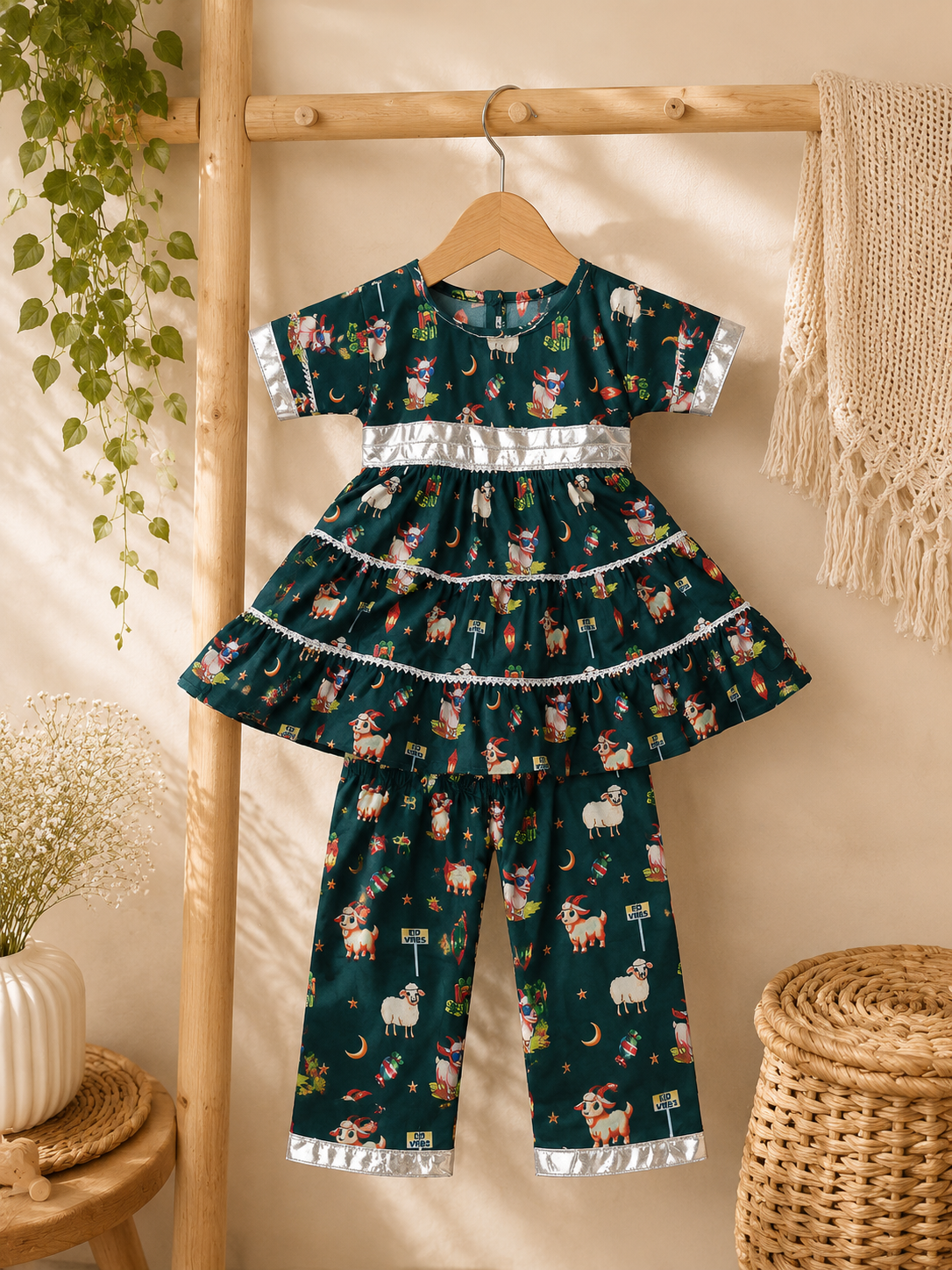 Green A-Line Layered Eid Frock with Trouser (SKU C002)