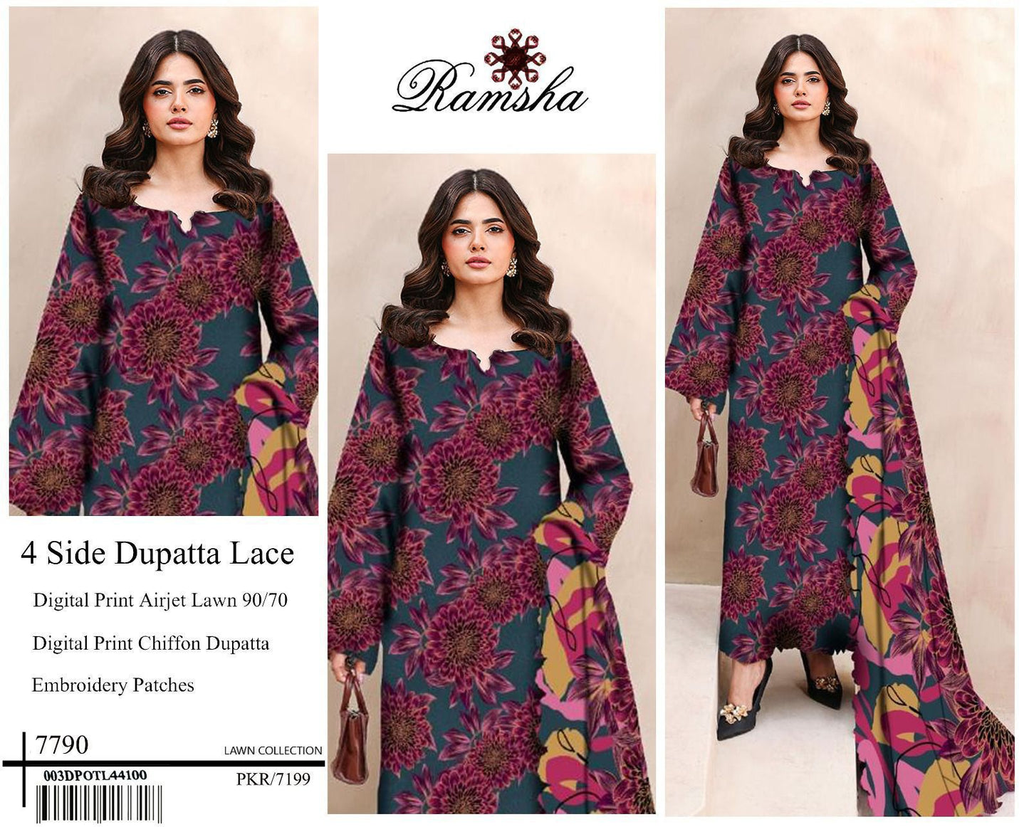 Digital Printed Airjet Lawn 3PC Suit (with Lace Dupatta)