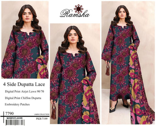 Digital Printed Airjet Lawn 3PC Suit (with Lace Dupatta)