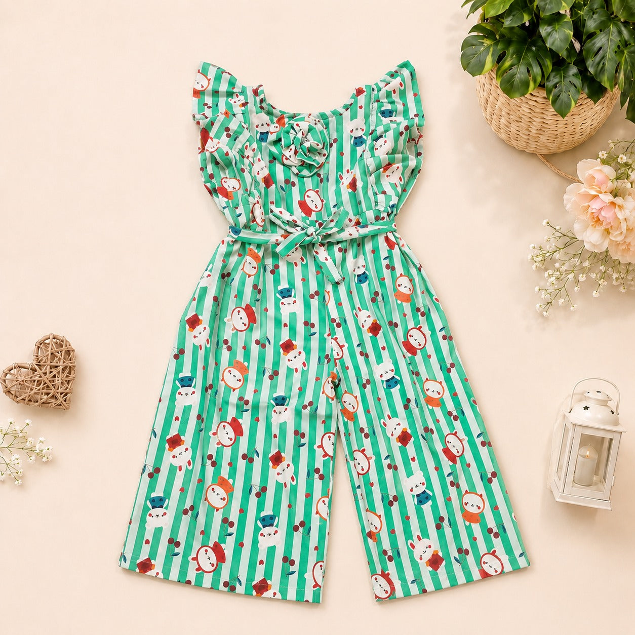 Mint Green Cartoon Print Frilled Jumpsuit (SKU A005)