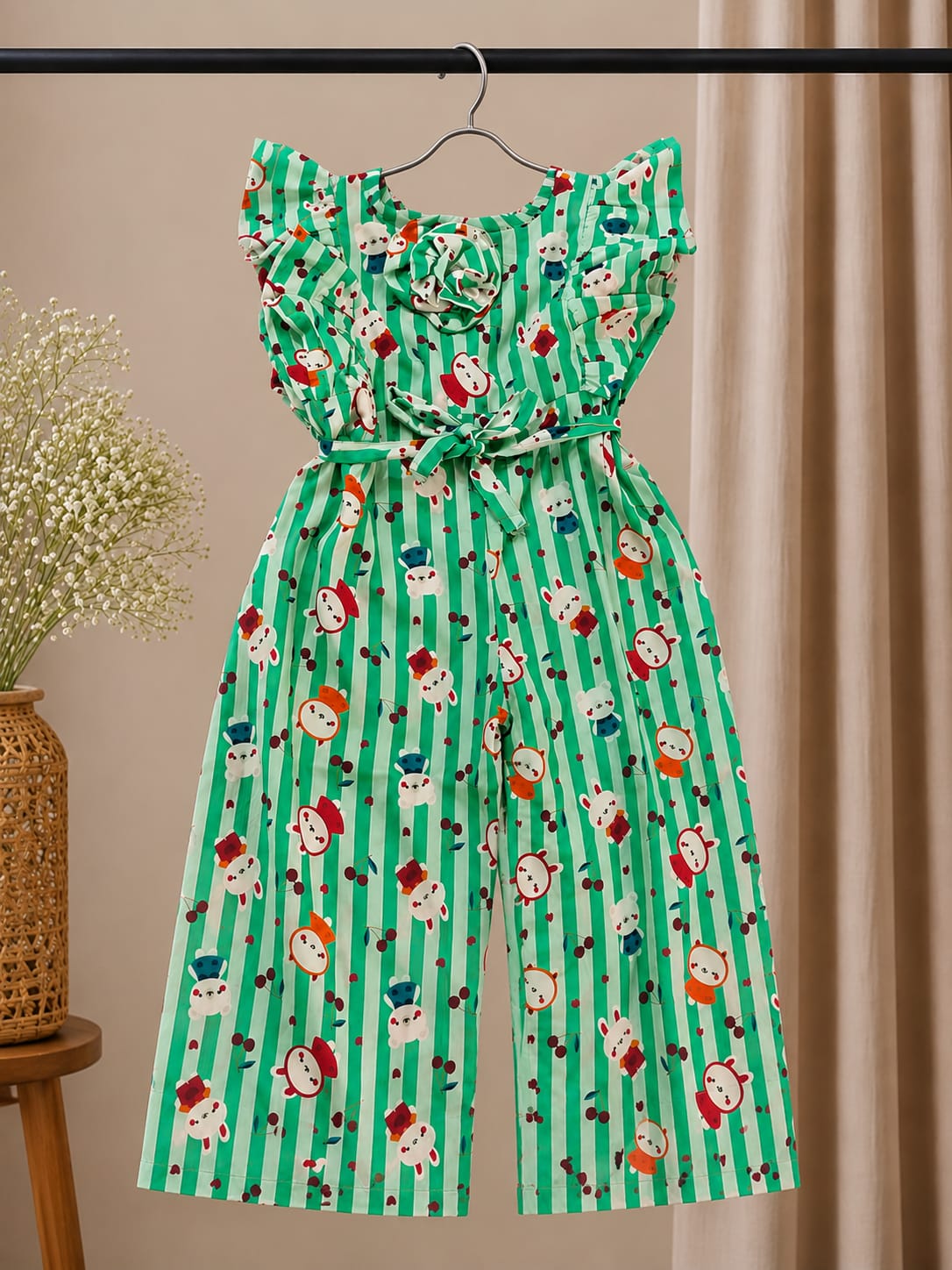Mint Green Cartoon Print Frilled Jumpsuit (SKU A005)