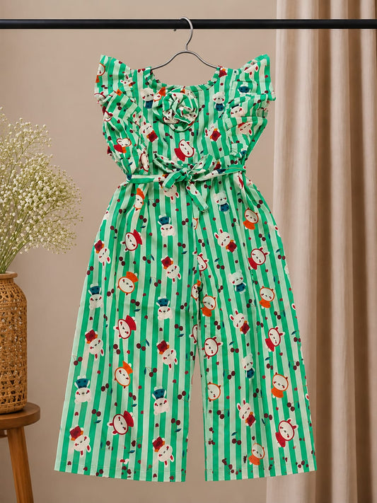 Mint Green Cartoon Print Frilled Jumpsuit (SKU A005)