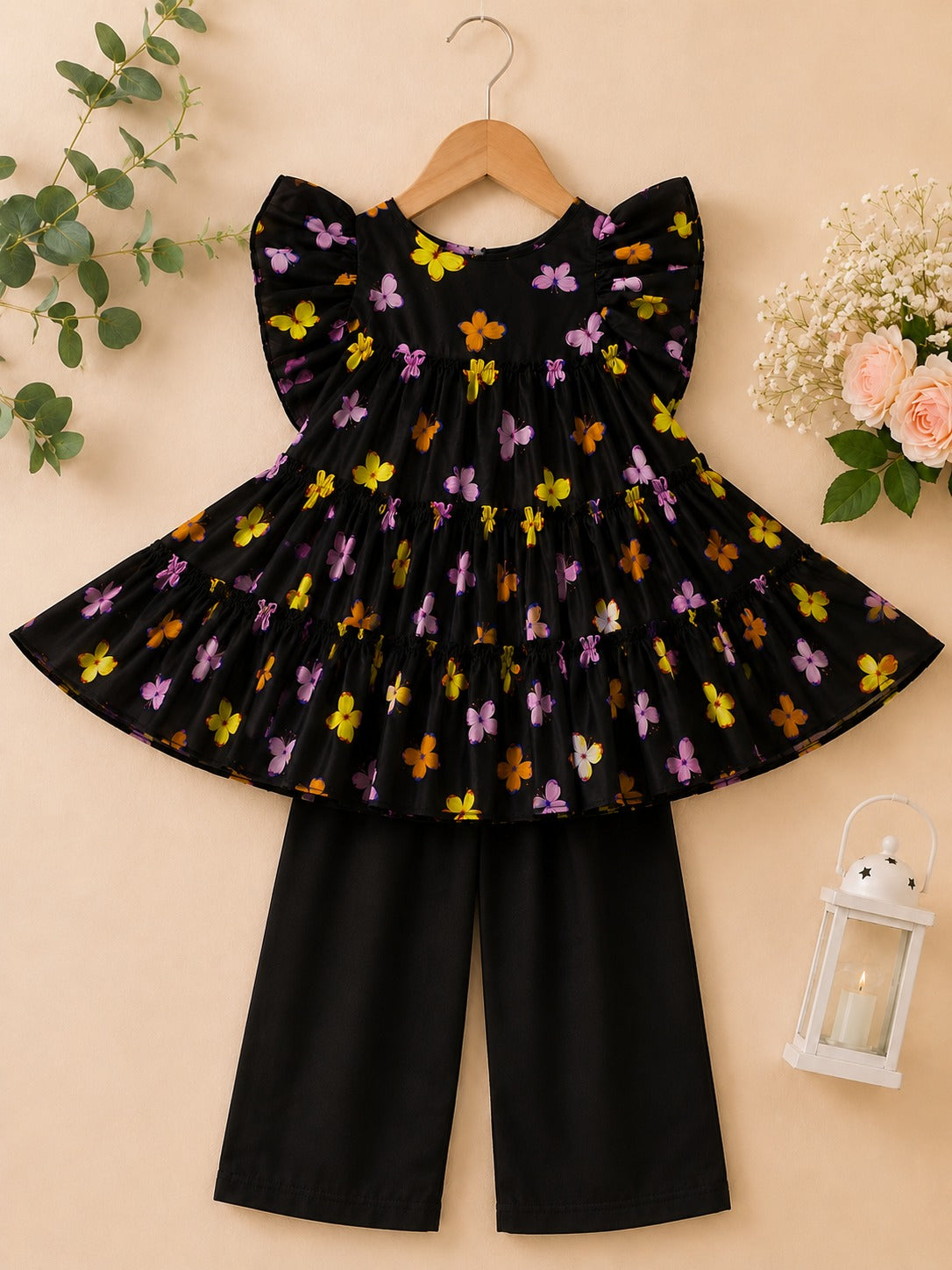 Black Butterfly Print Three-Layer Frock with Capri Set (SKU A007)