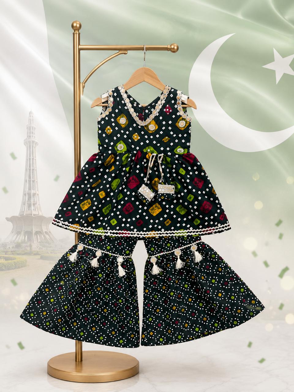 Azadi Special Mirror Work Frock with Gharara
