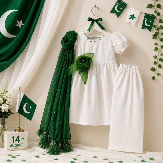 Elegant White Cotton Suit with Green Dupatta