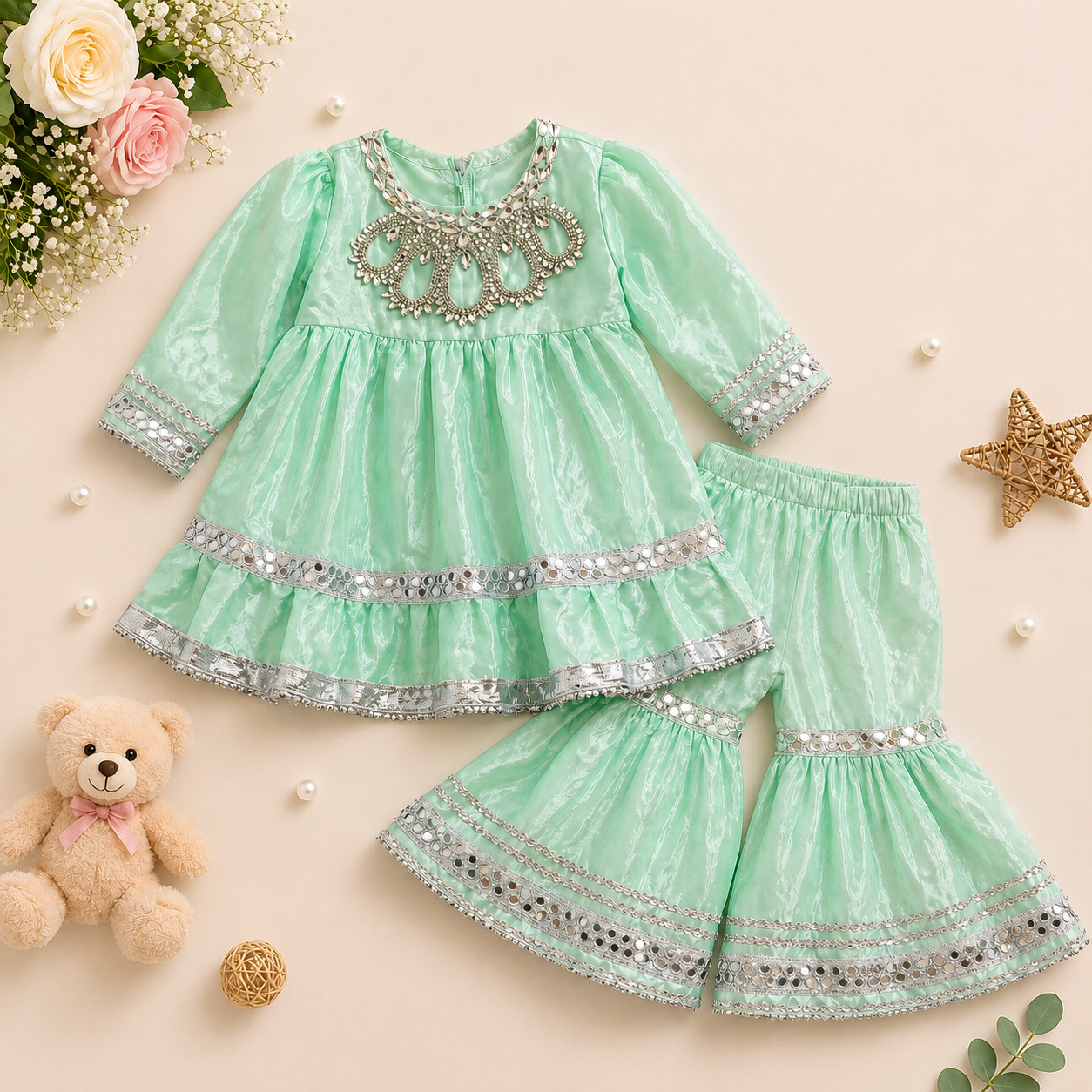 Mint Green Party Wear Frock with Gharara (SKU B001)