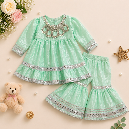 Mint Green Party Wear Frock with Gharara (SKU B001)