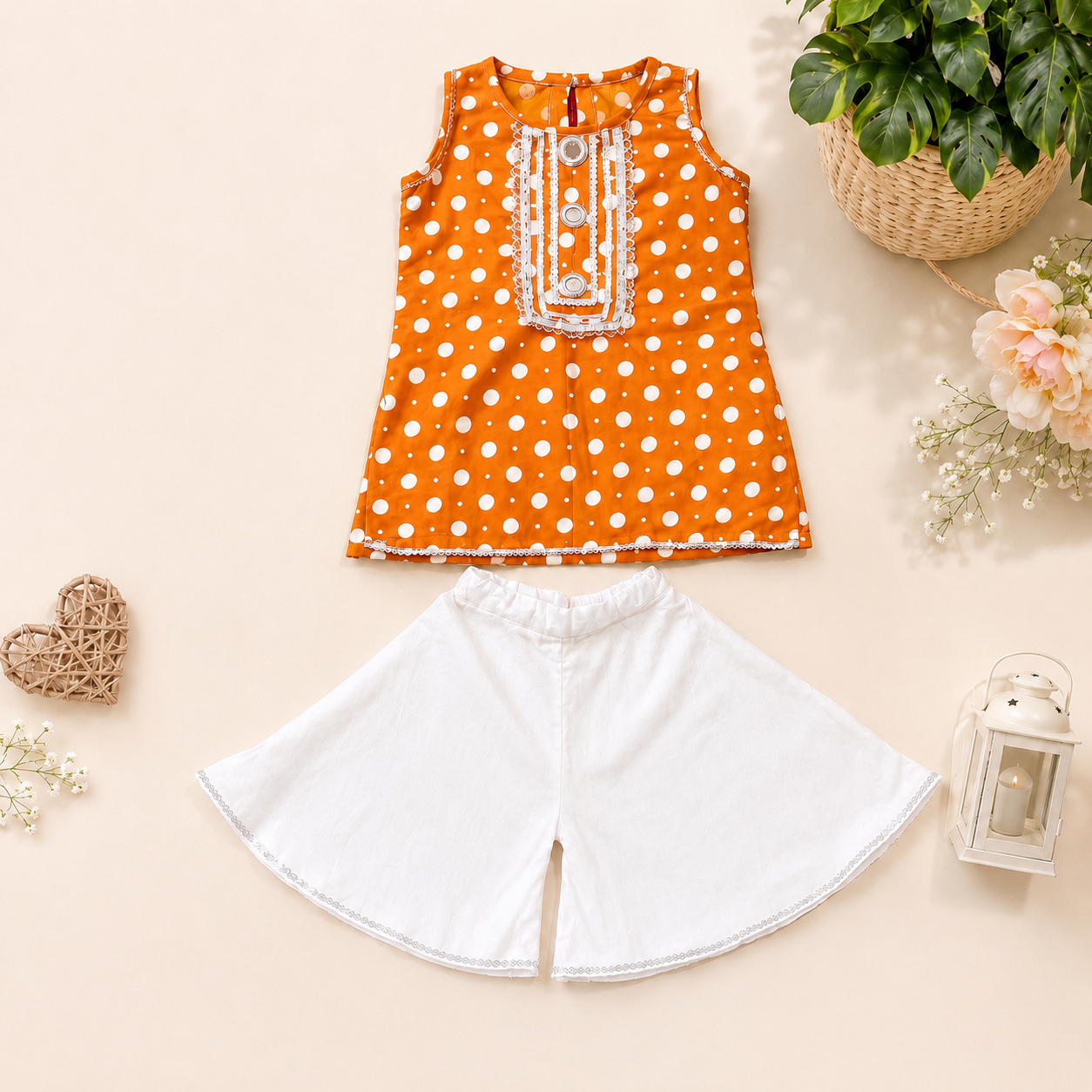 Orange Polka Dot Qameez with Sharara Set (SKU B002)