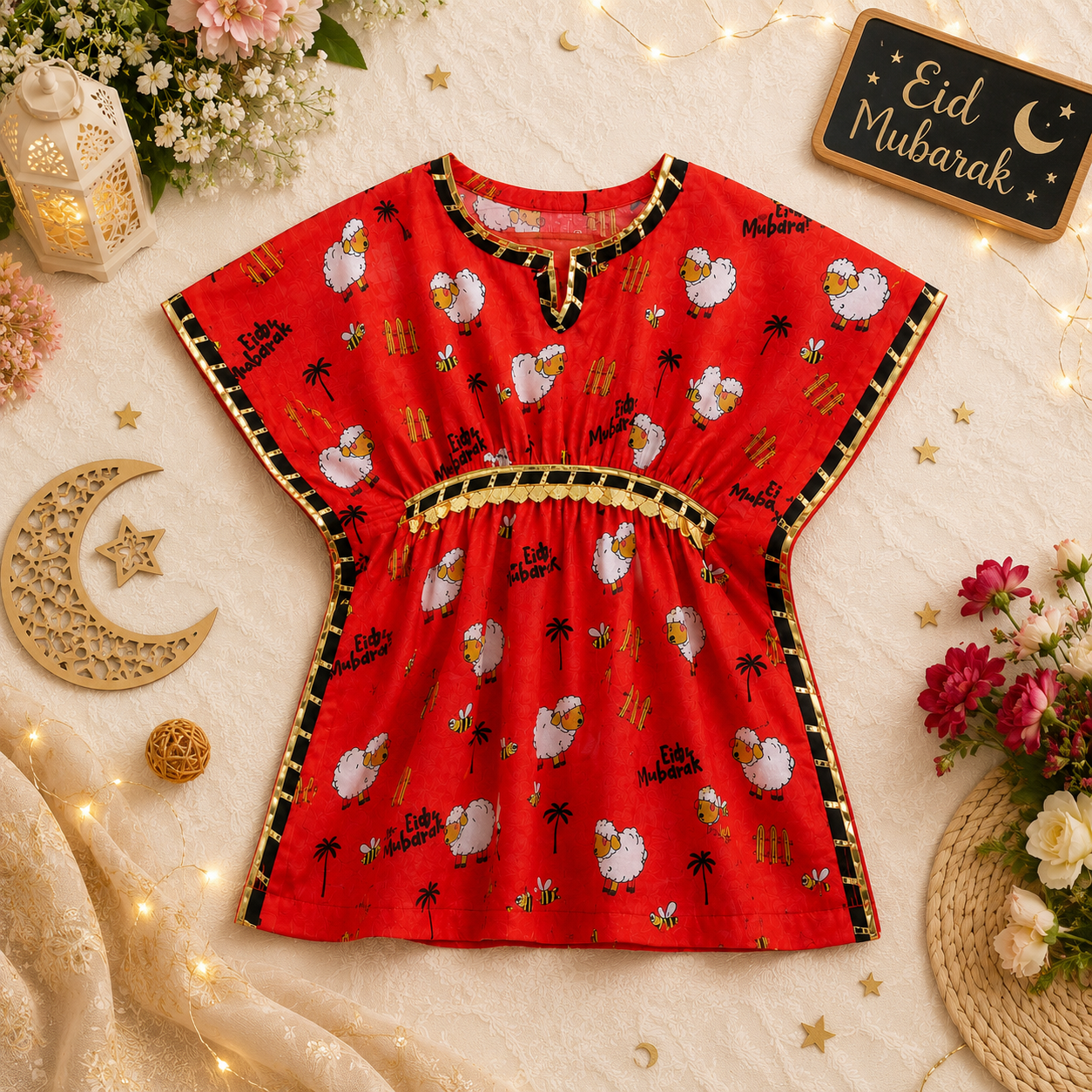Red Eid Kaftan with Gota & Sitara Lace (SKU C001)