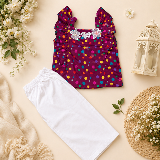 Purple Polka Dot Ruffled Lawn Co-ord Set