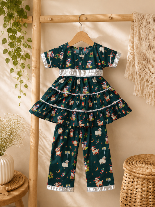 Green A-Line Layered Eid Frock with Trouser (SKU C002)